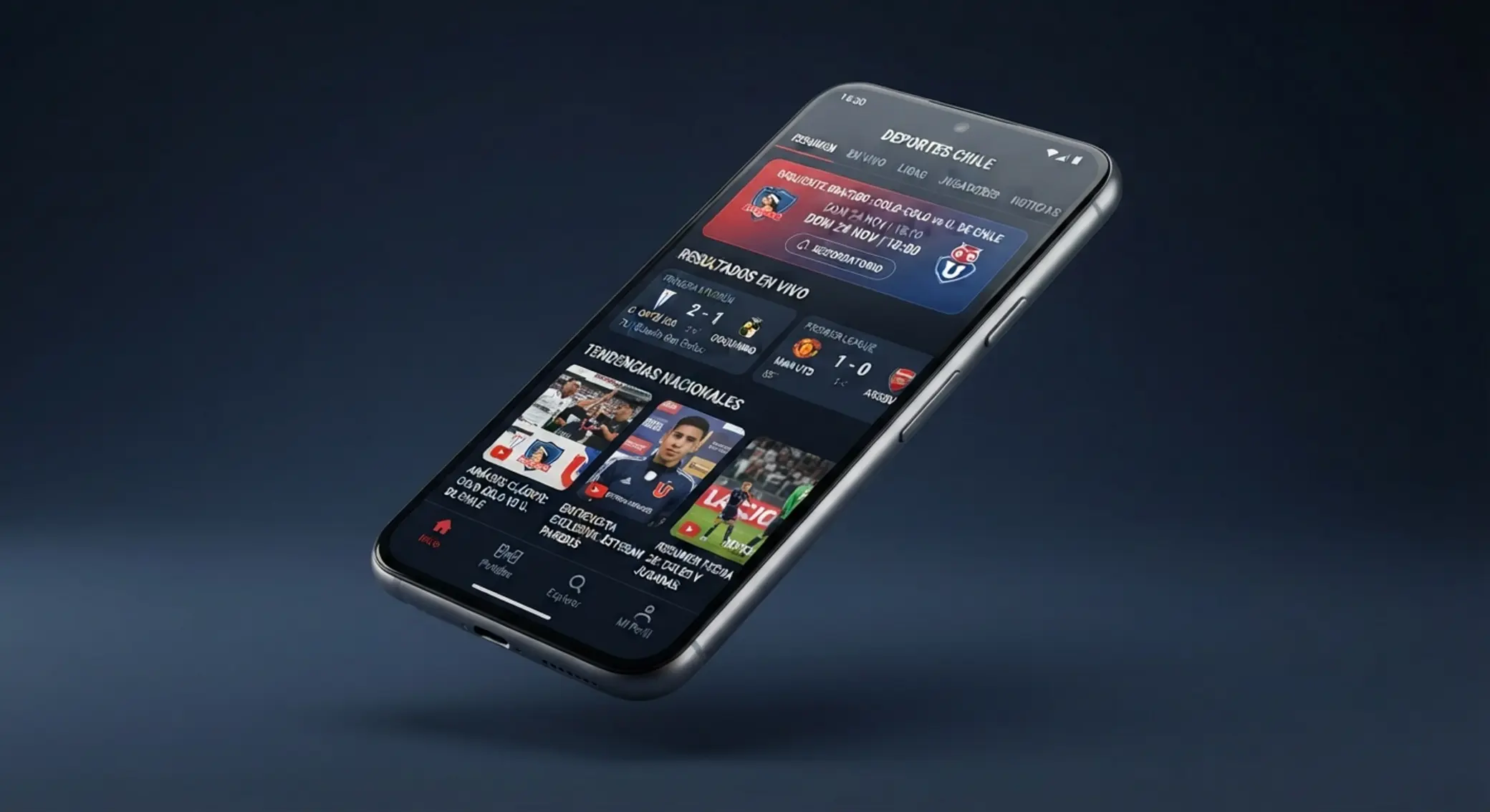 Vista conceptual de una app Android de deportes y entretenimiento en un teléfono