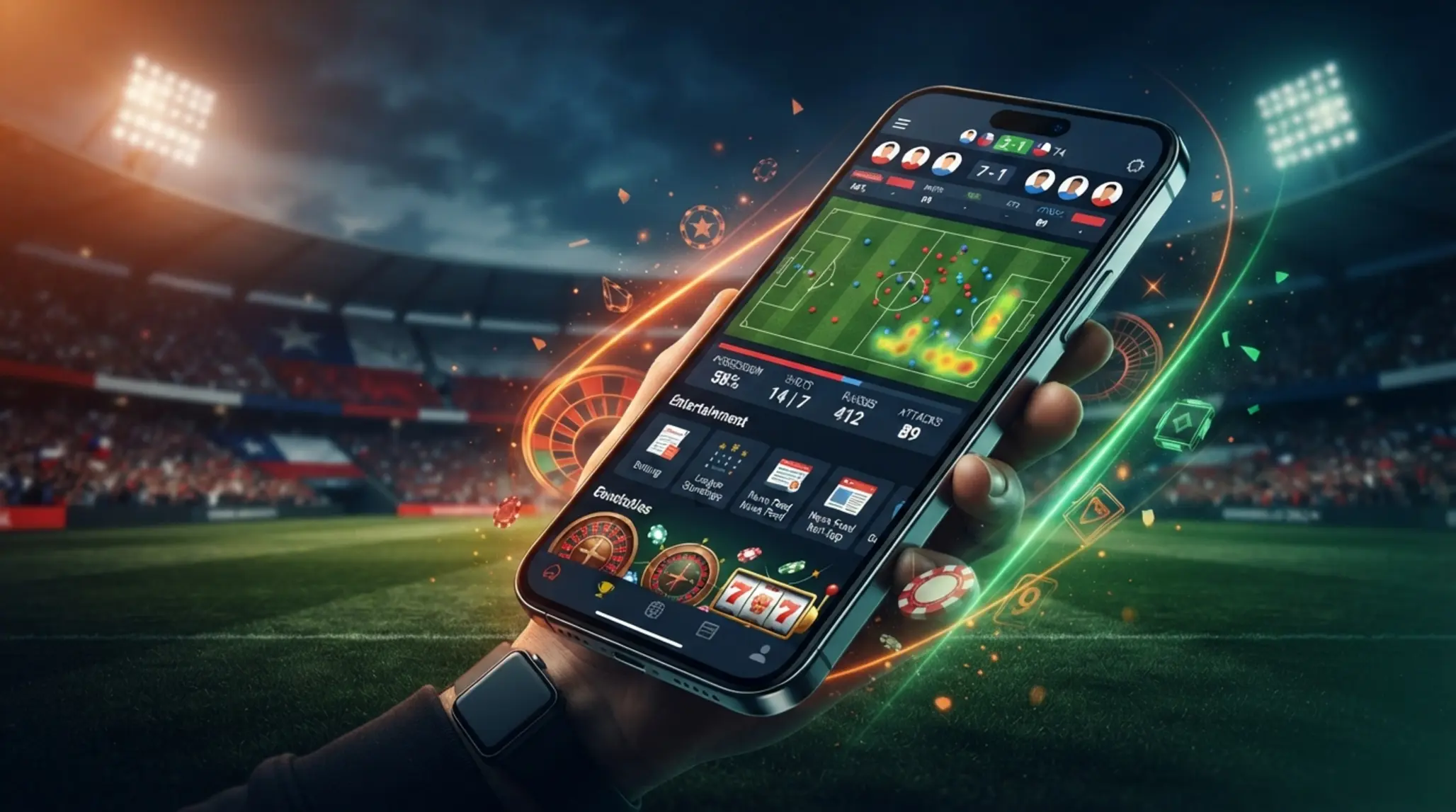 Teléfono Android con interfaz de app y fondo inspirado en fútbol y entretenimiento digital