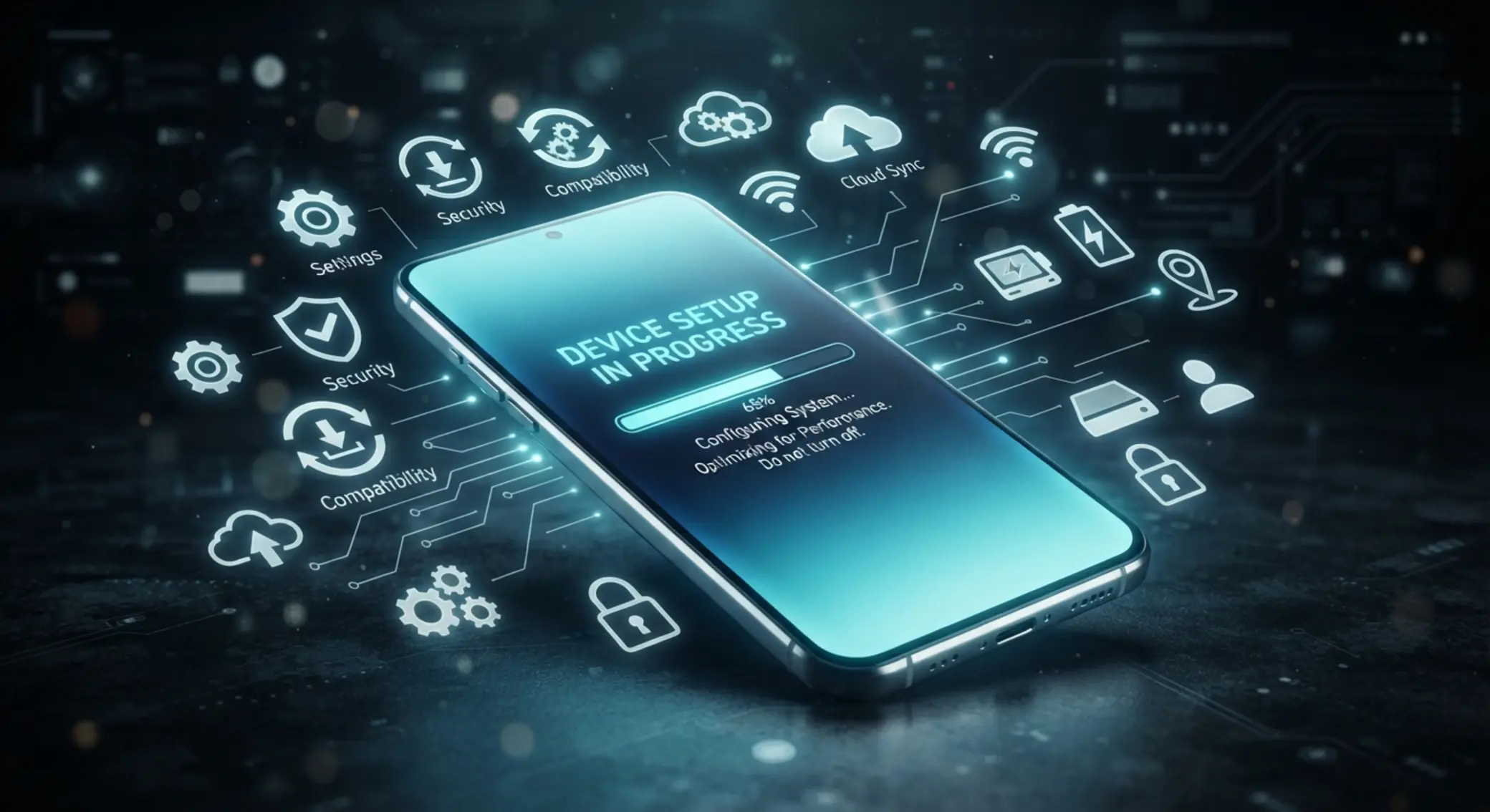 Celular Android con iconos de configuración y compatibilidad de aplicación