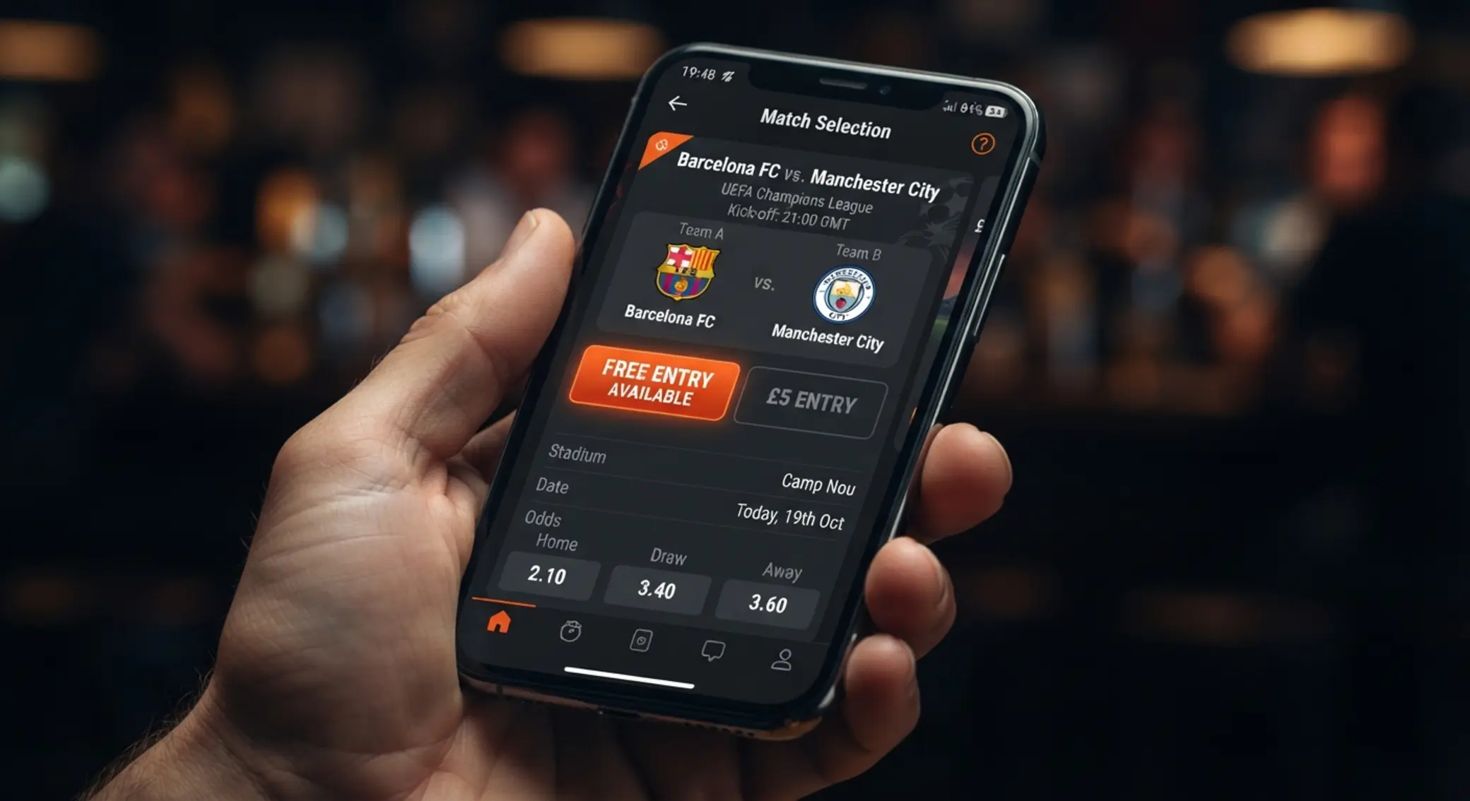 Cupón móvil con etiqueta de apuesta gratis en una interfaz deportiva