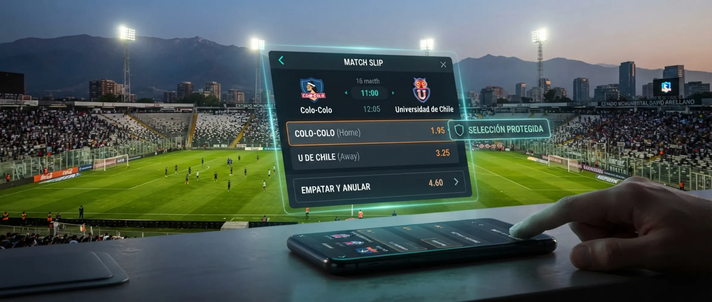 Campo de fútbol con cupón digital y elementos visuales de funciones promocionales deportivas