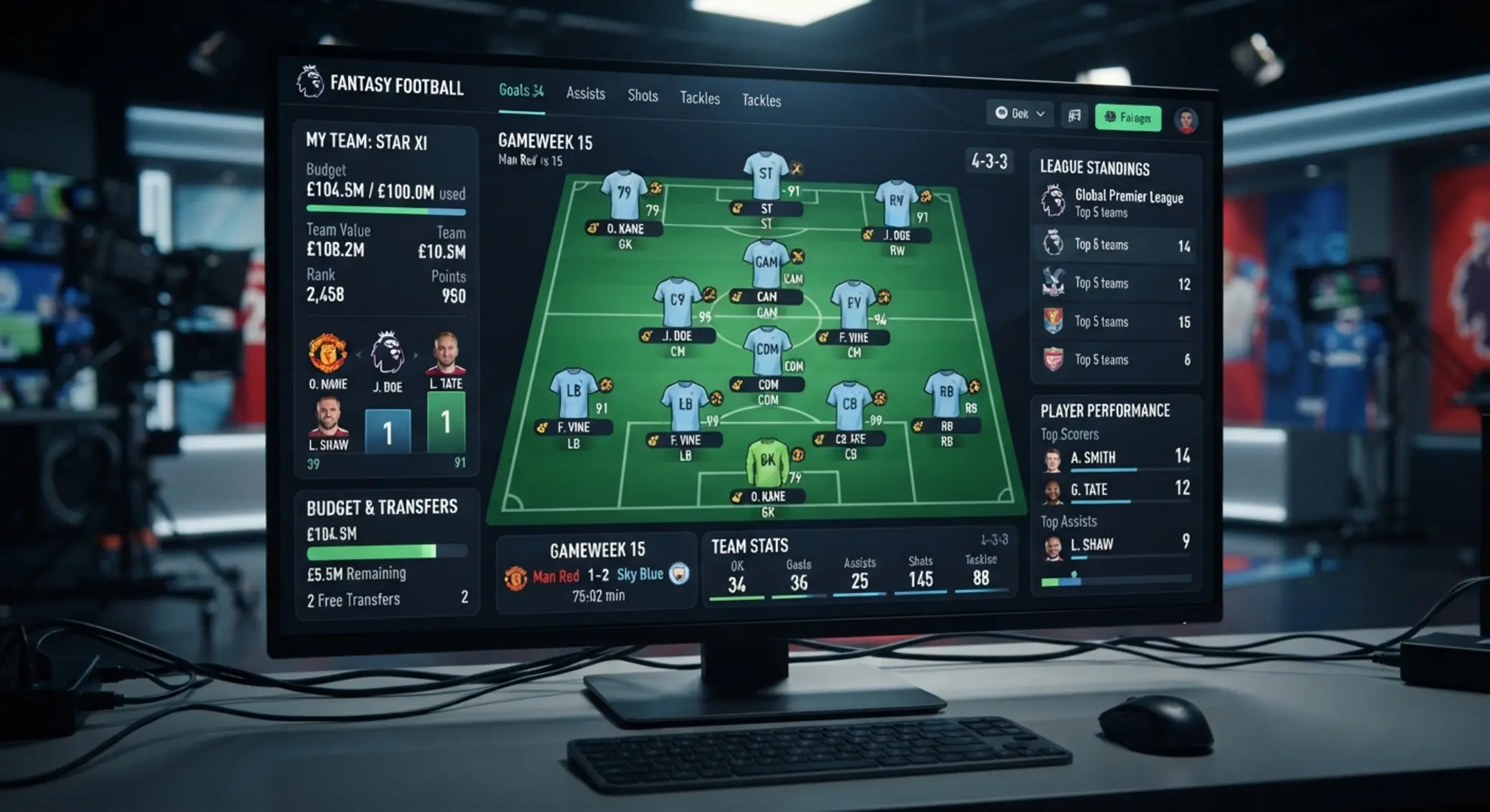 Pantalla fantasy con campo virtual, fichas de jugadores y puntuaciones