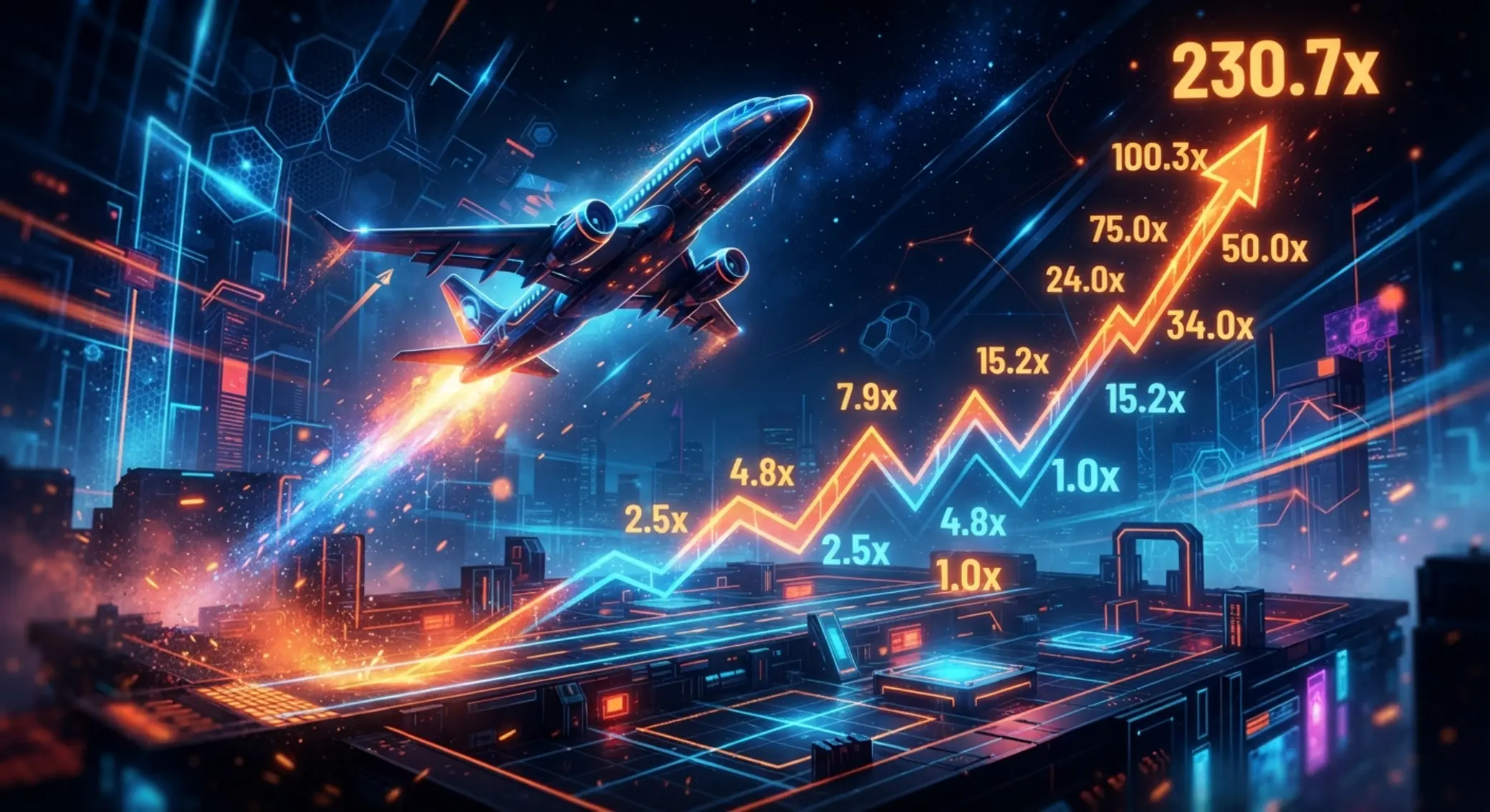 Ilustración de avión despegando con multiplicadores en pantalla