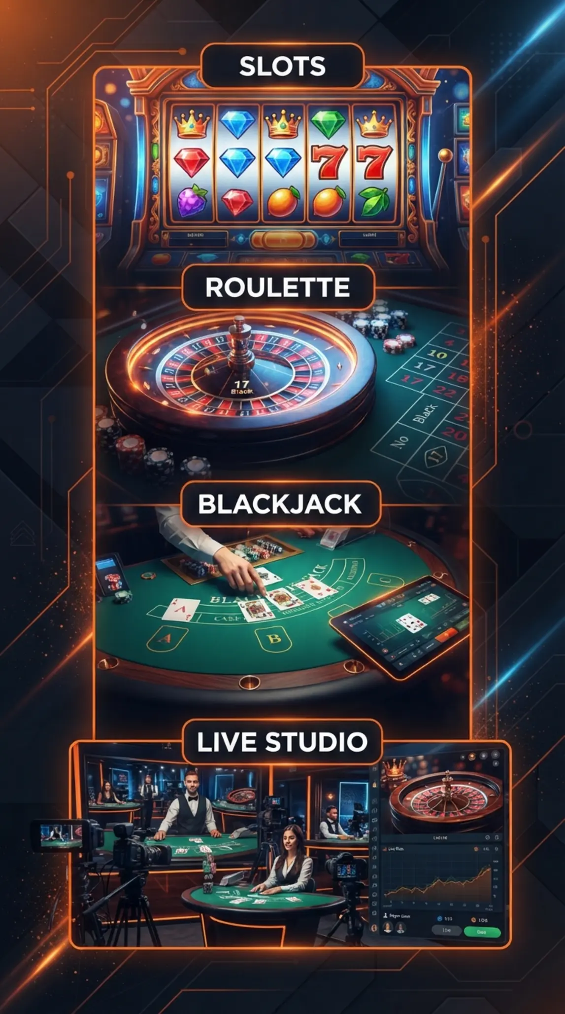 Categorías de juegos en línea con tragamonedas, ruleta, blackjack y formato en vivo