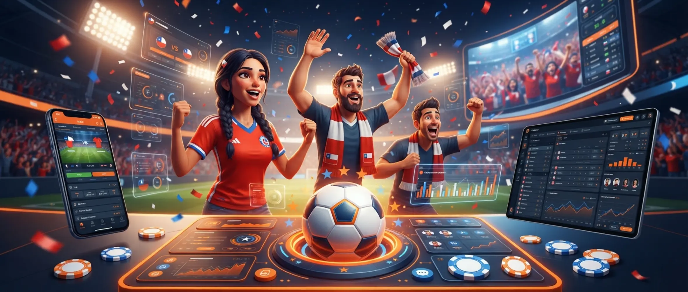 Jugadores chilenos celebrando con interfaz digital, fichas y balón en un banner promocional