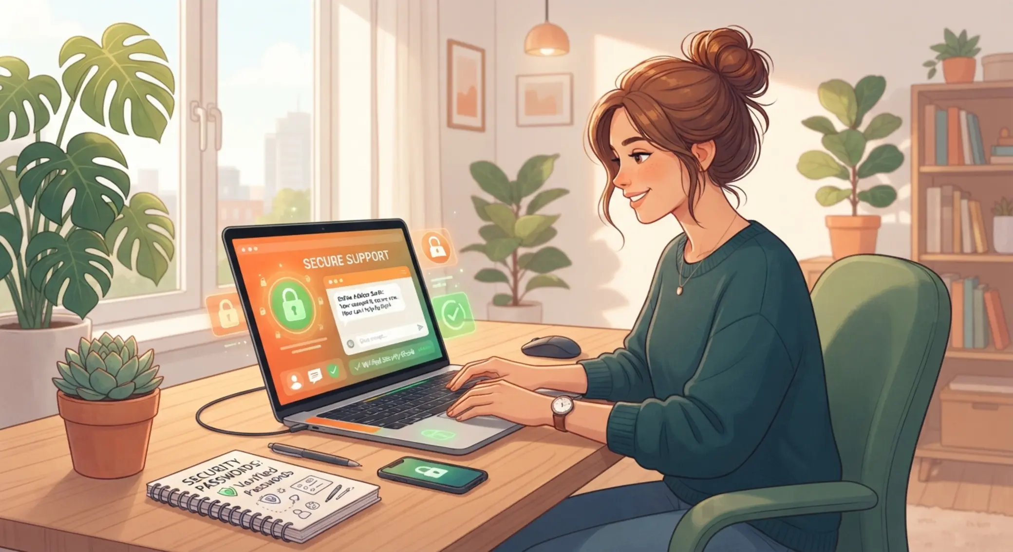 Ilustración de seguridad online y chat de soporte en computadora