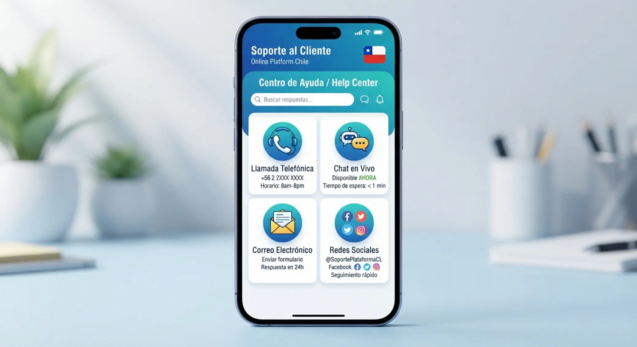 Canales de soporte con teléfono, chat, email y redes sociales