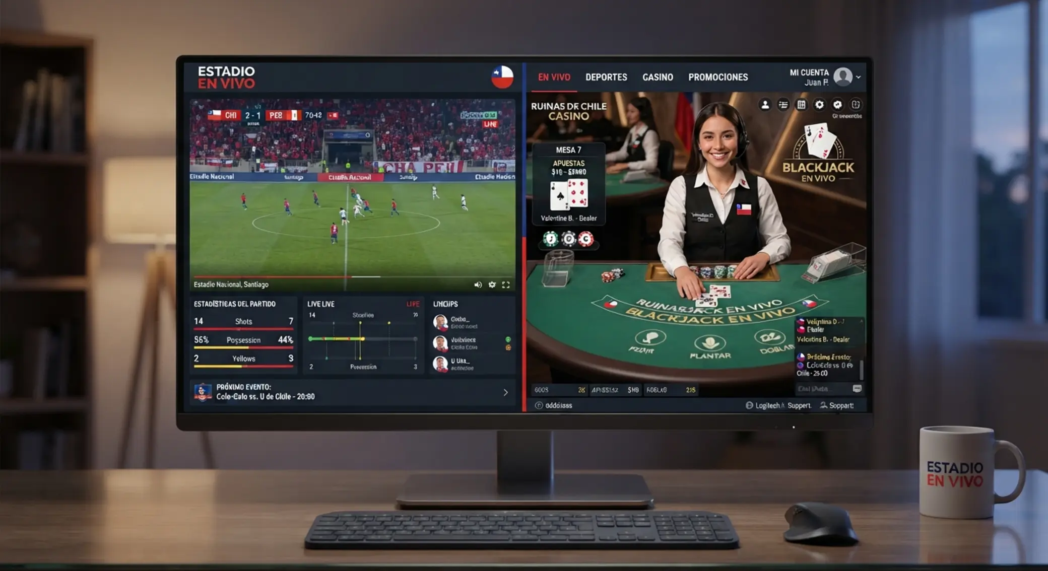 Interfaz de Betano En Vivo con deportes y mesa en directo en pantalla dividida