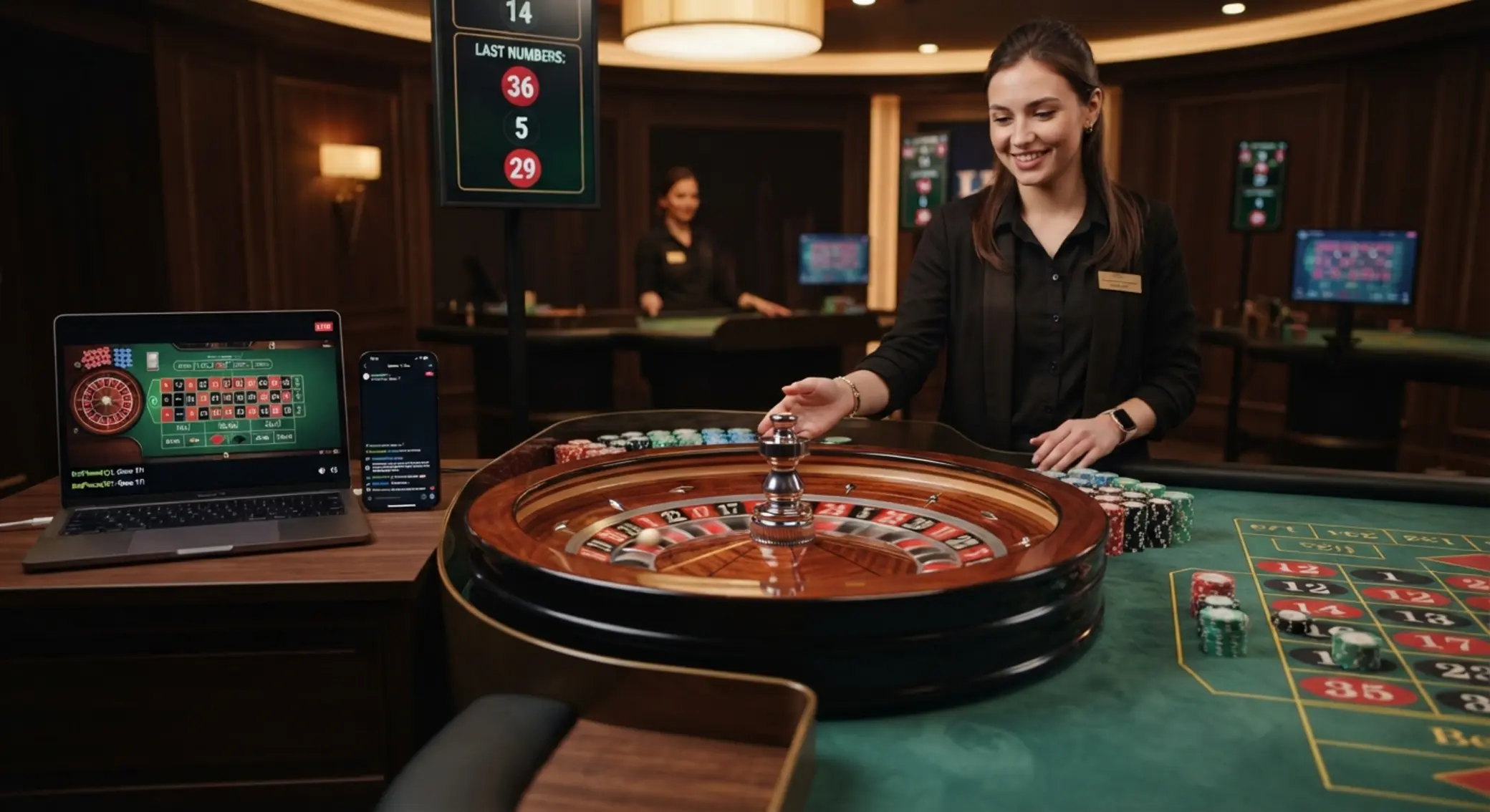 Mesa de ruleta en vivo con crupier y jugadores conectados desde distintos dispositivos