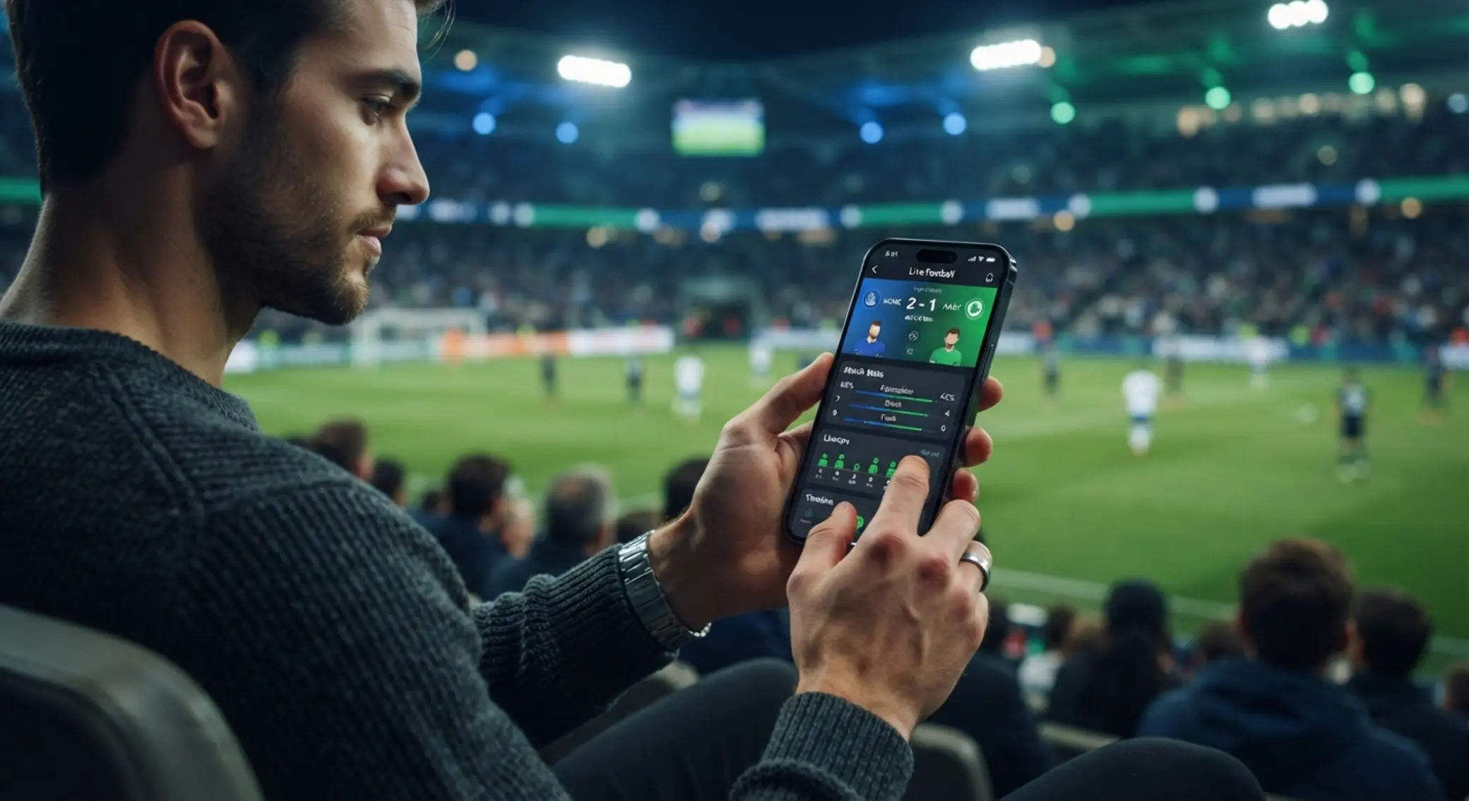 Usuario con iPhone mostrando una app móvil deportiva en Chile