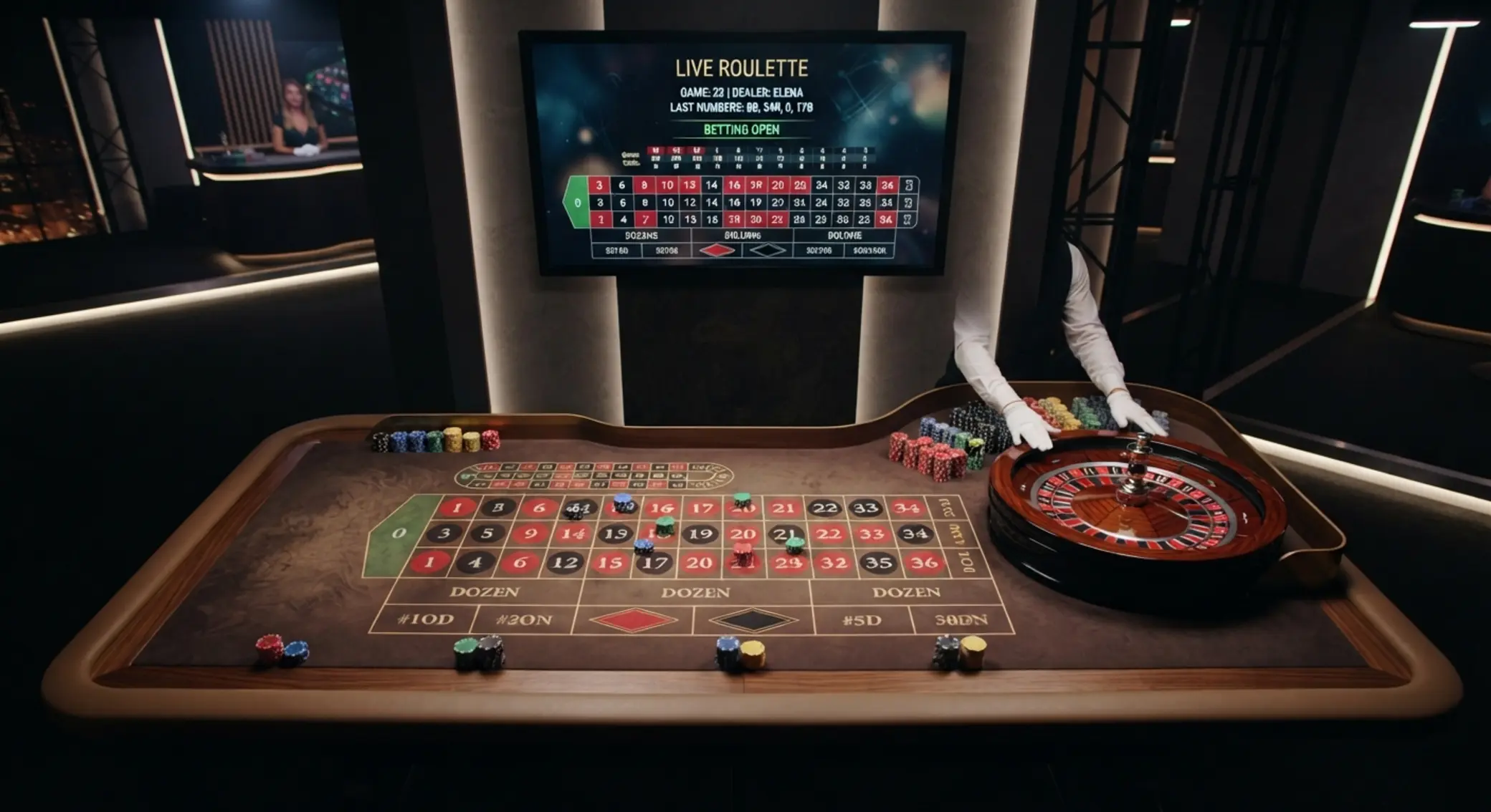 Mesa de ruleta online con fichas y ambiente en vivo