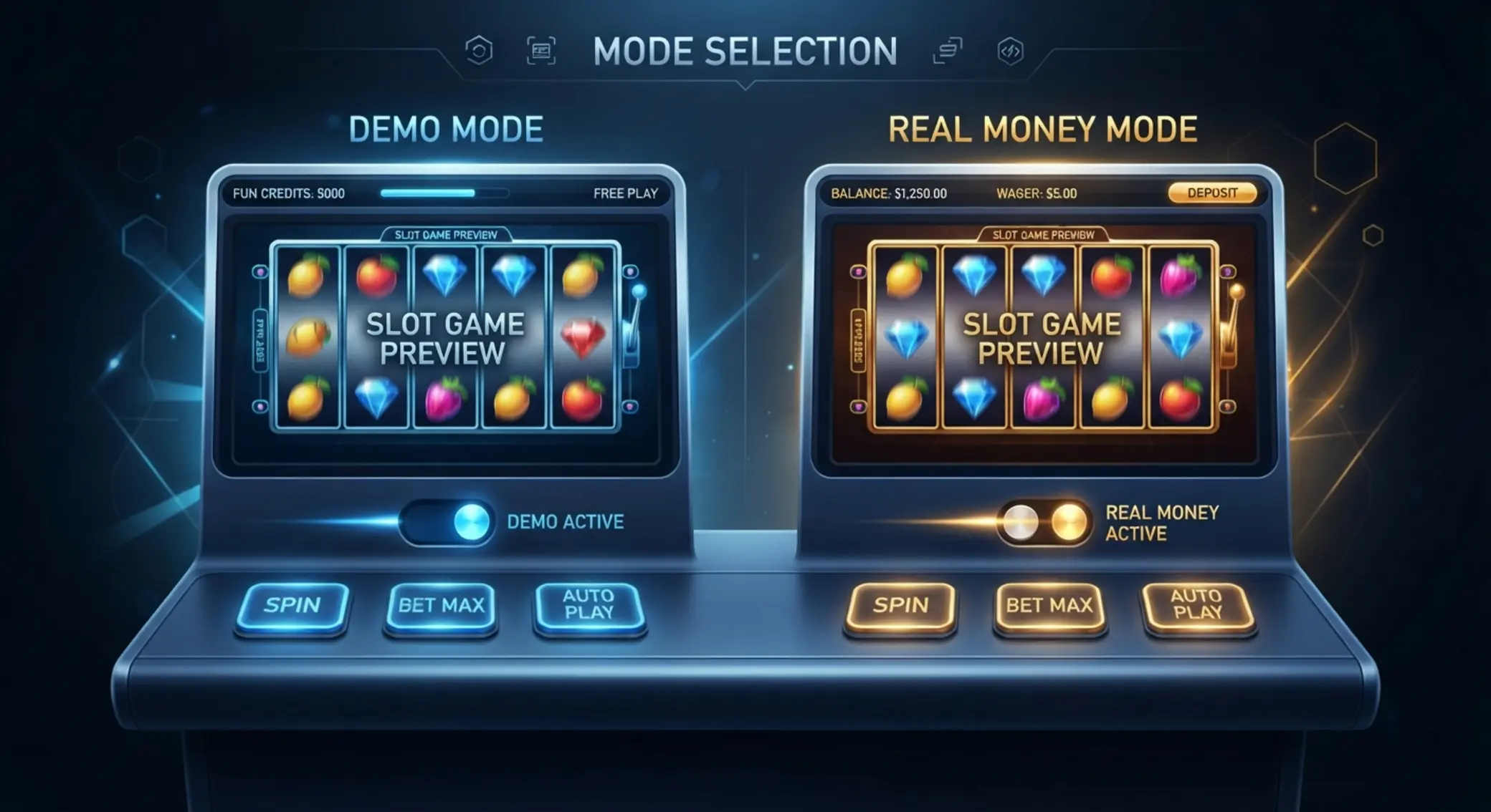 Interfaz para elegir entre modo demo y modo con dinero real