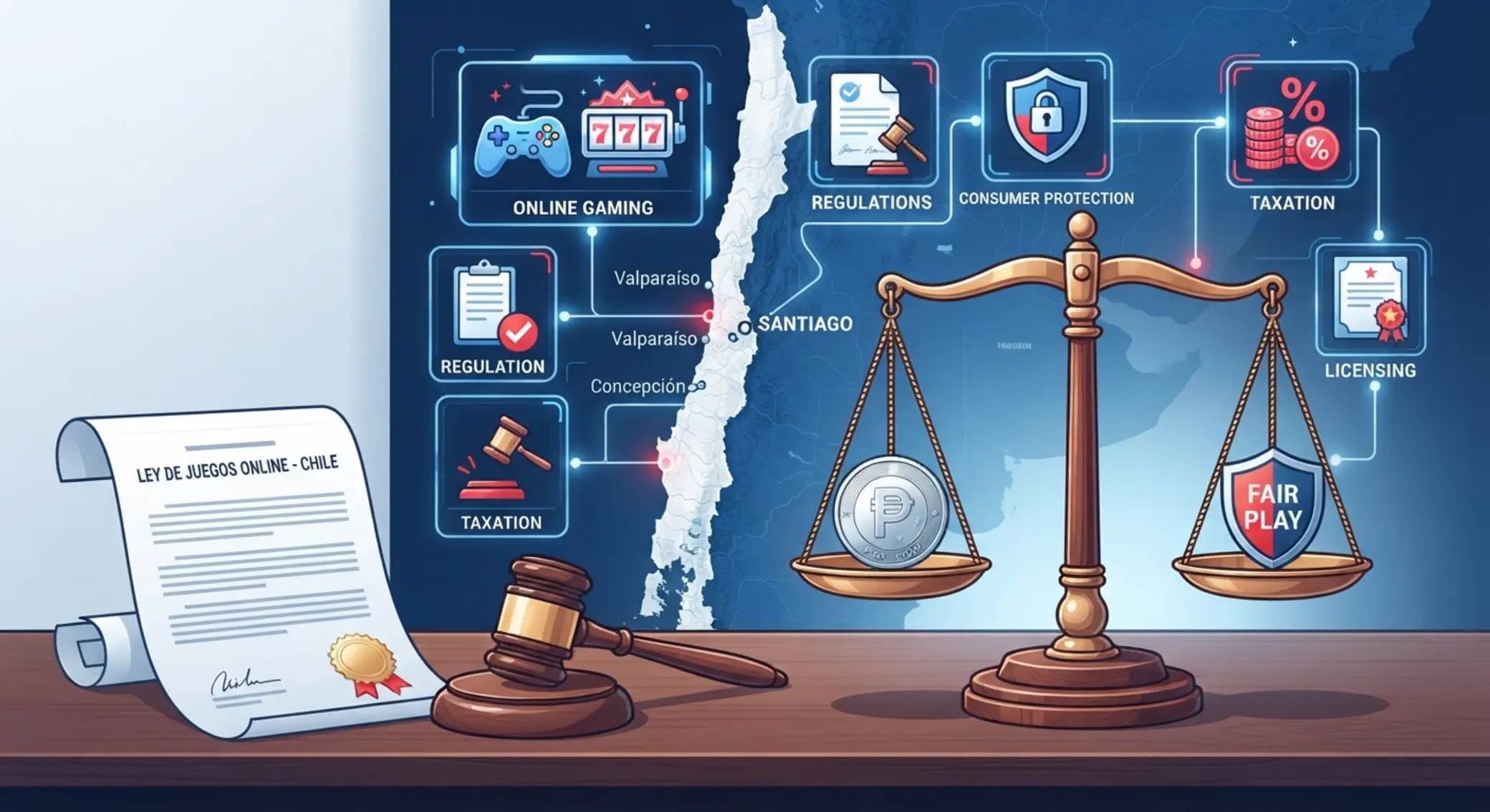 Contexto legal de los juegos online en Chile con mapa y balanza de justicia