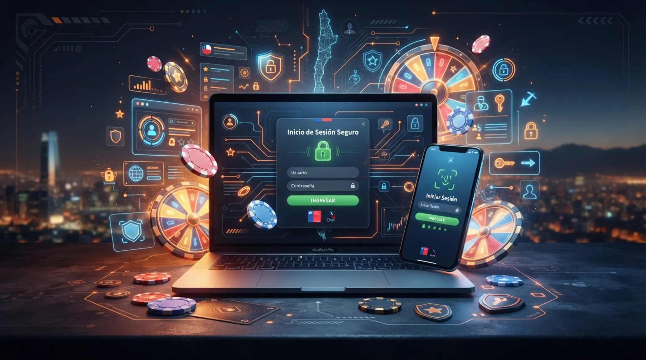 Interfaz de inicio de sesión segura en laptop y móvil con elementos visuales de entretenimiento