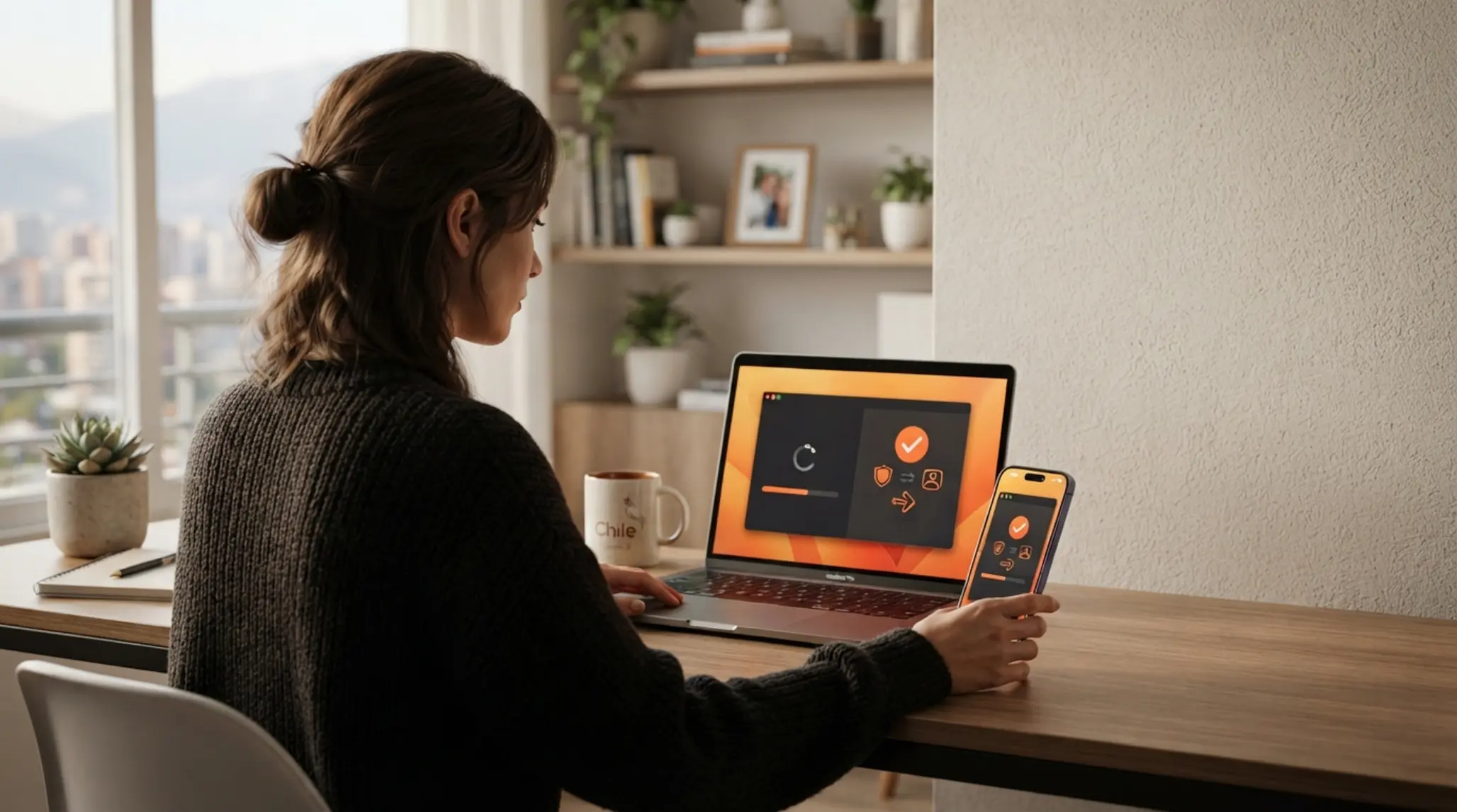Usuario usando laptop y smartphone con interfaz de reactivación de cuenta