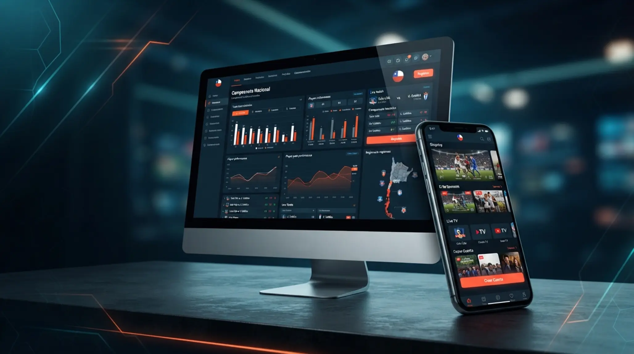 Interfaz moderna de plataforma online en notebook y smartphone con detalles de Chile