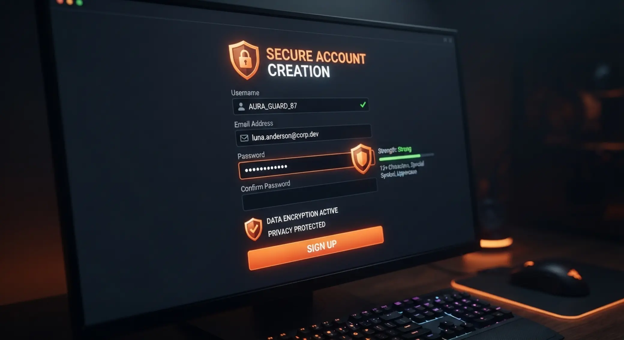 Pantalla de creación de usuario y contraseña con foco en seguridad