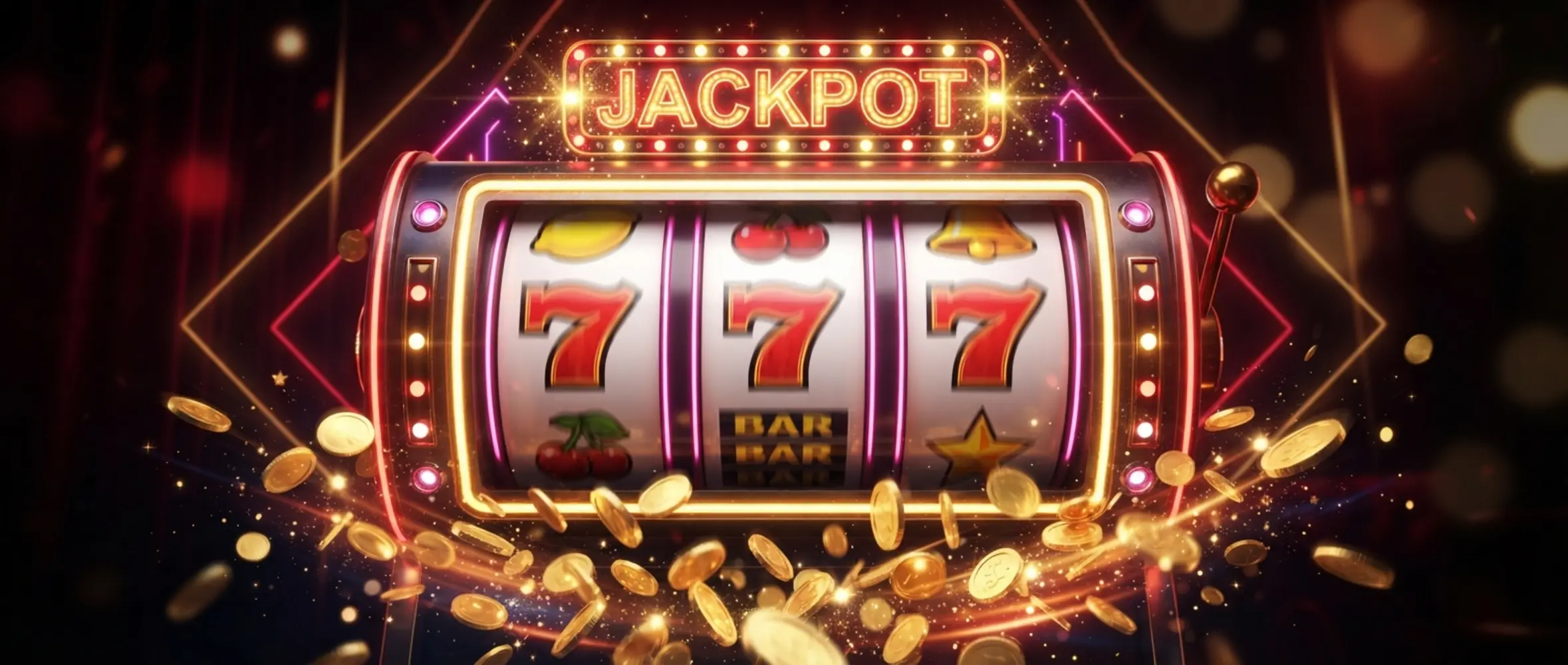 Banner con carretes de tragamonedas, símbolos clásicos y luces de jackpot