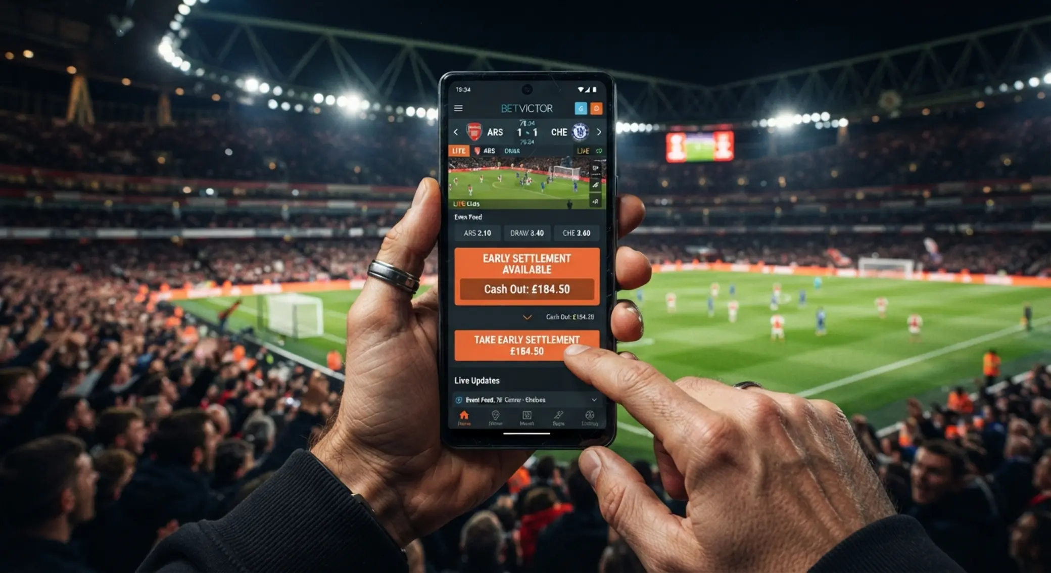 Uso de cash out en una app móvil durante partido en vivo Pantalla móvil con opción de cash out durante un partido de fútbol