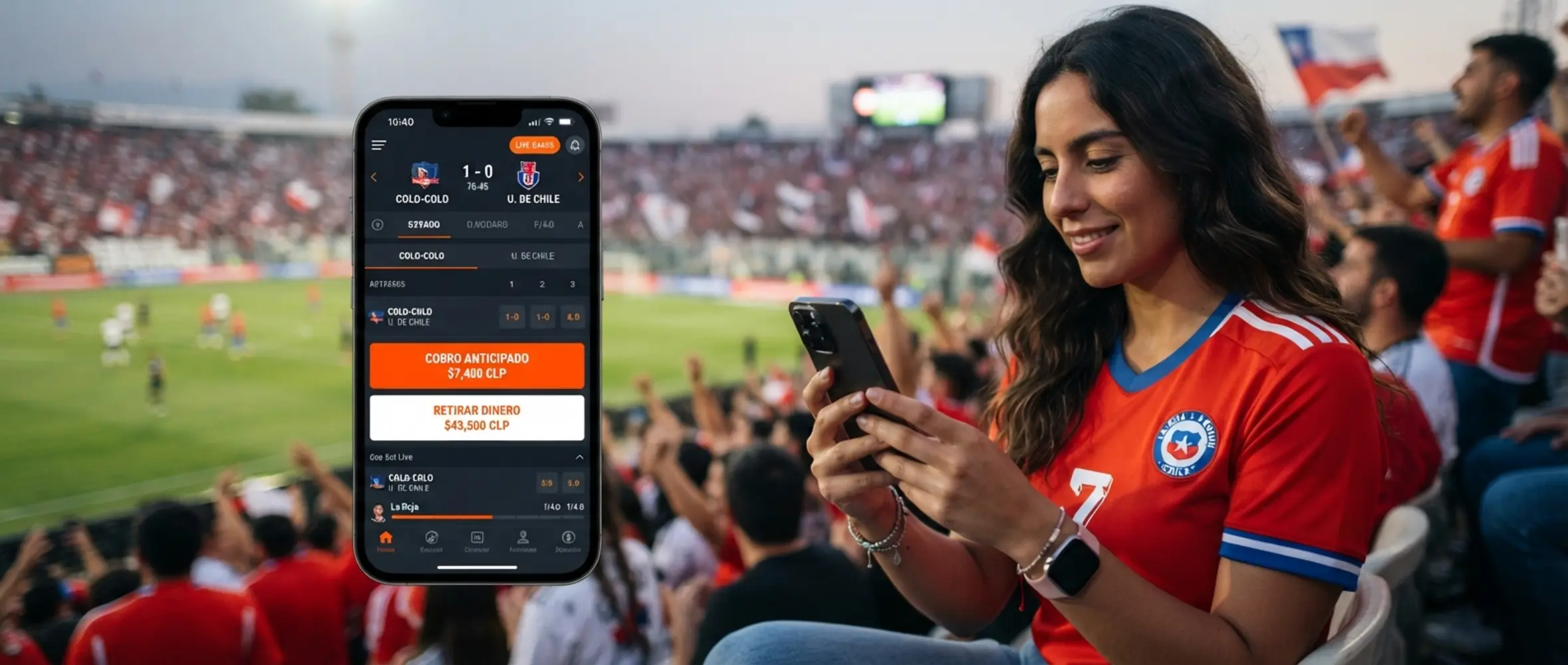 Cash Out y retiros en app móvil en Chile Usuario en Chile revisando cash out y retiro de dinero en una app deportiva