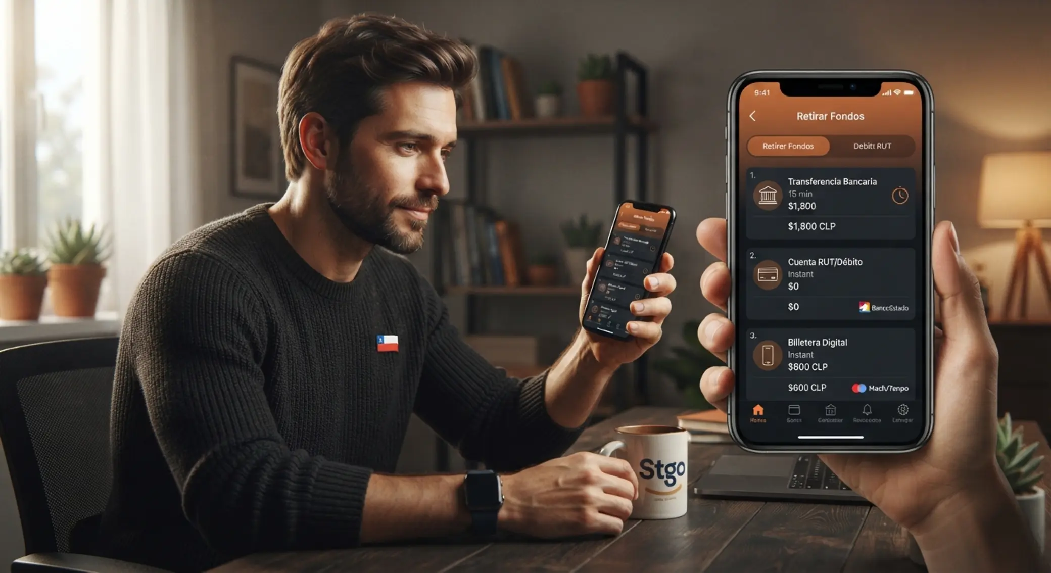 Comparación visual de métodos de retiro en Chile Usuario revisando opciones de retiro como banco, tarjeta y billetera digital