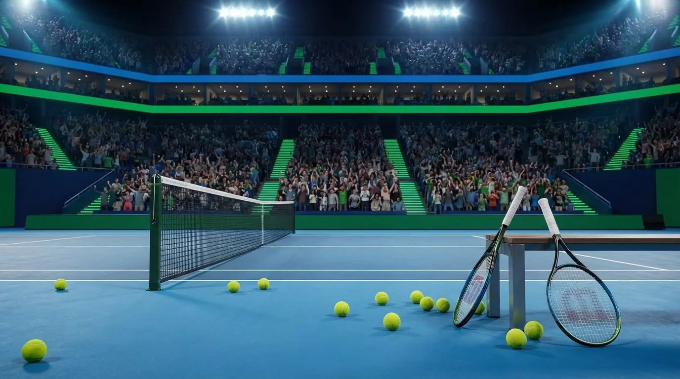 Cancha de tenis profesional con raquetas y pelotas bajo luces intensas, público argentino de fondo