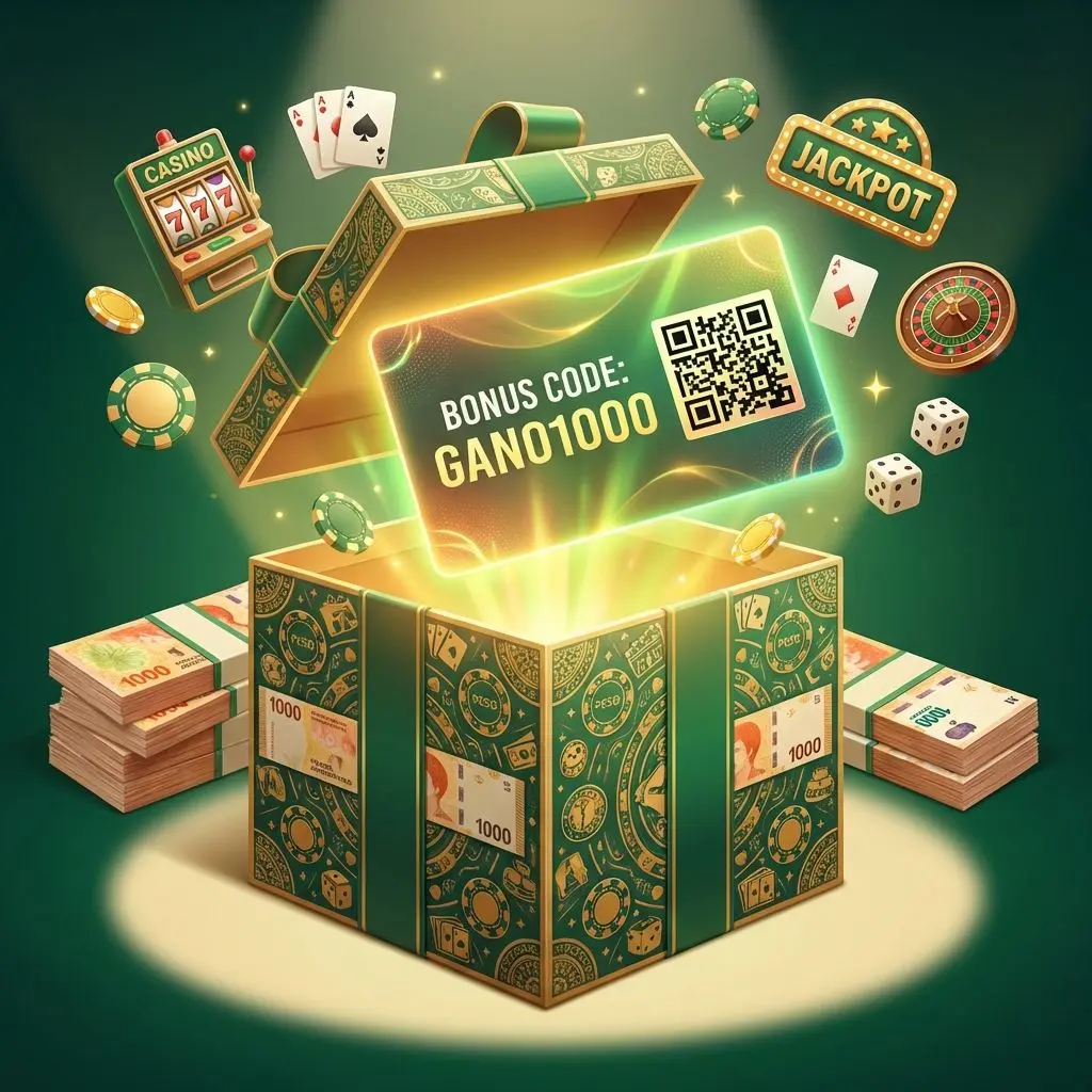 Caja de regalo con tarjeta promocional y símbolos de juegos de casino, evocando beneficios de Betano.