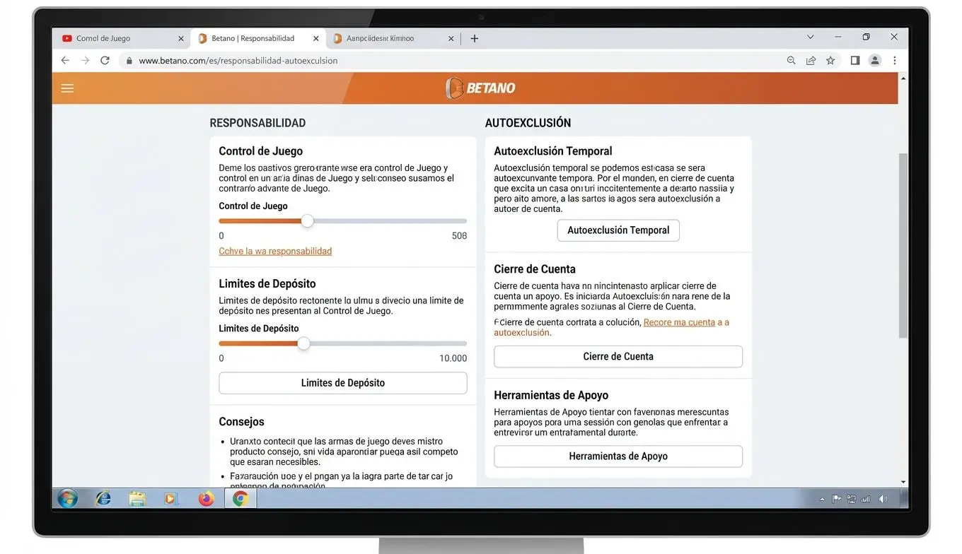 Interfaz de Betano con acceso a la sección de autoexclusión en computadora