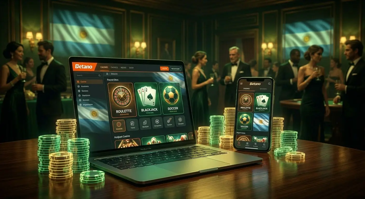 Escena vibrante de casino en línea con la interfaz de Betano mostrando juegos y apuestas deportivas, chips y colores argentinos.