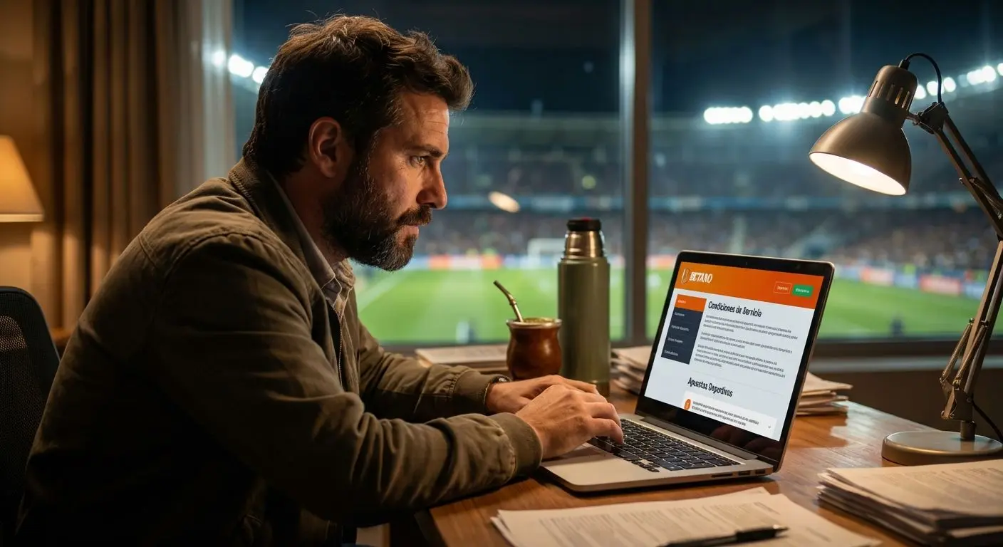 Usuario argentino revisando términos de Betano en su notebook, fondo estadio iluminado, ambiente de juego seguro