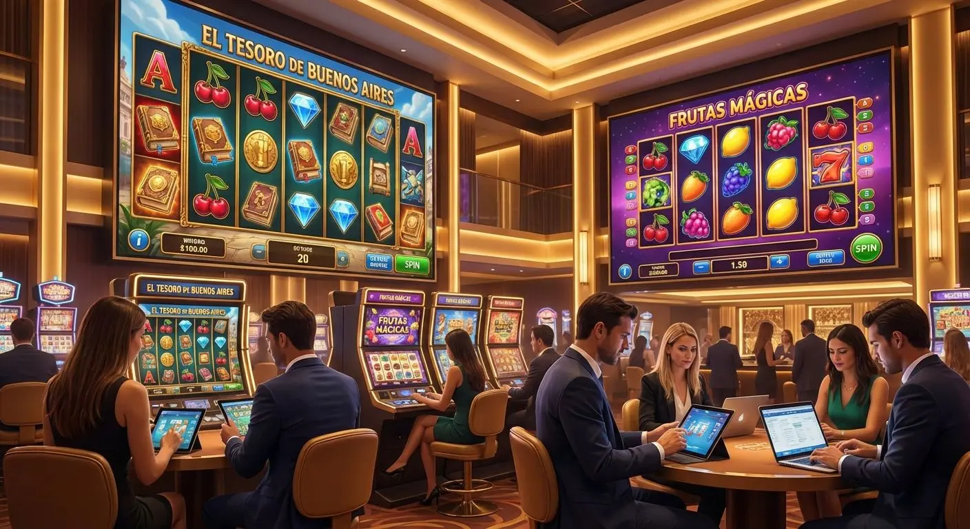 Vista general de un casino online con slots populares en pantallas, ambiente elegante y moderno