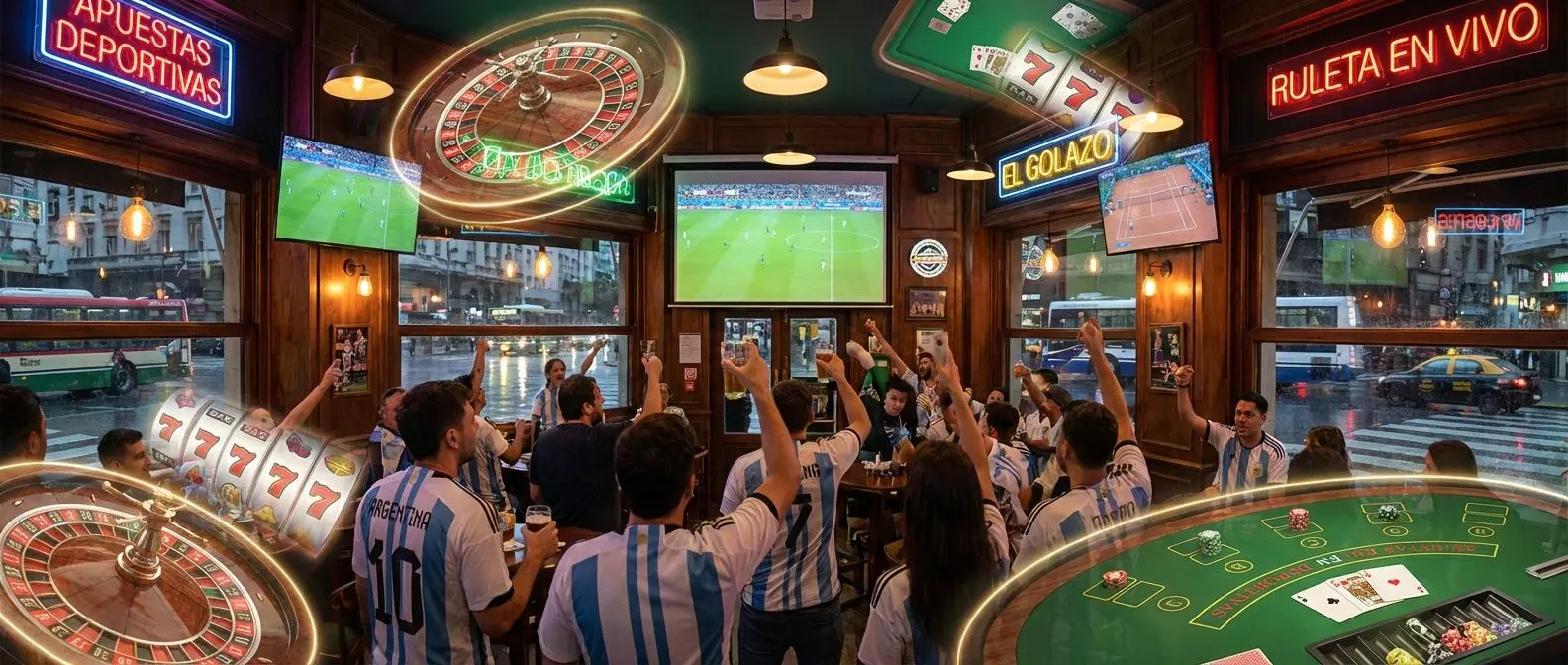 Ambiente argentino de apuestas deportivas y casino online con aficionados y juegos en pantalla