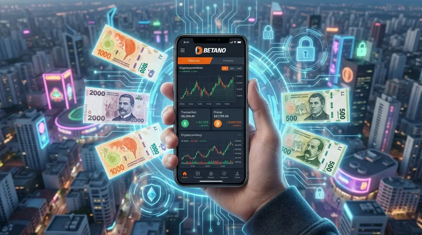 Ilustración de gestión financiera en Betano desde Argentina, con smartphones y símbolos locales.