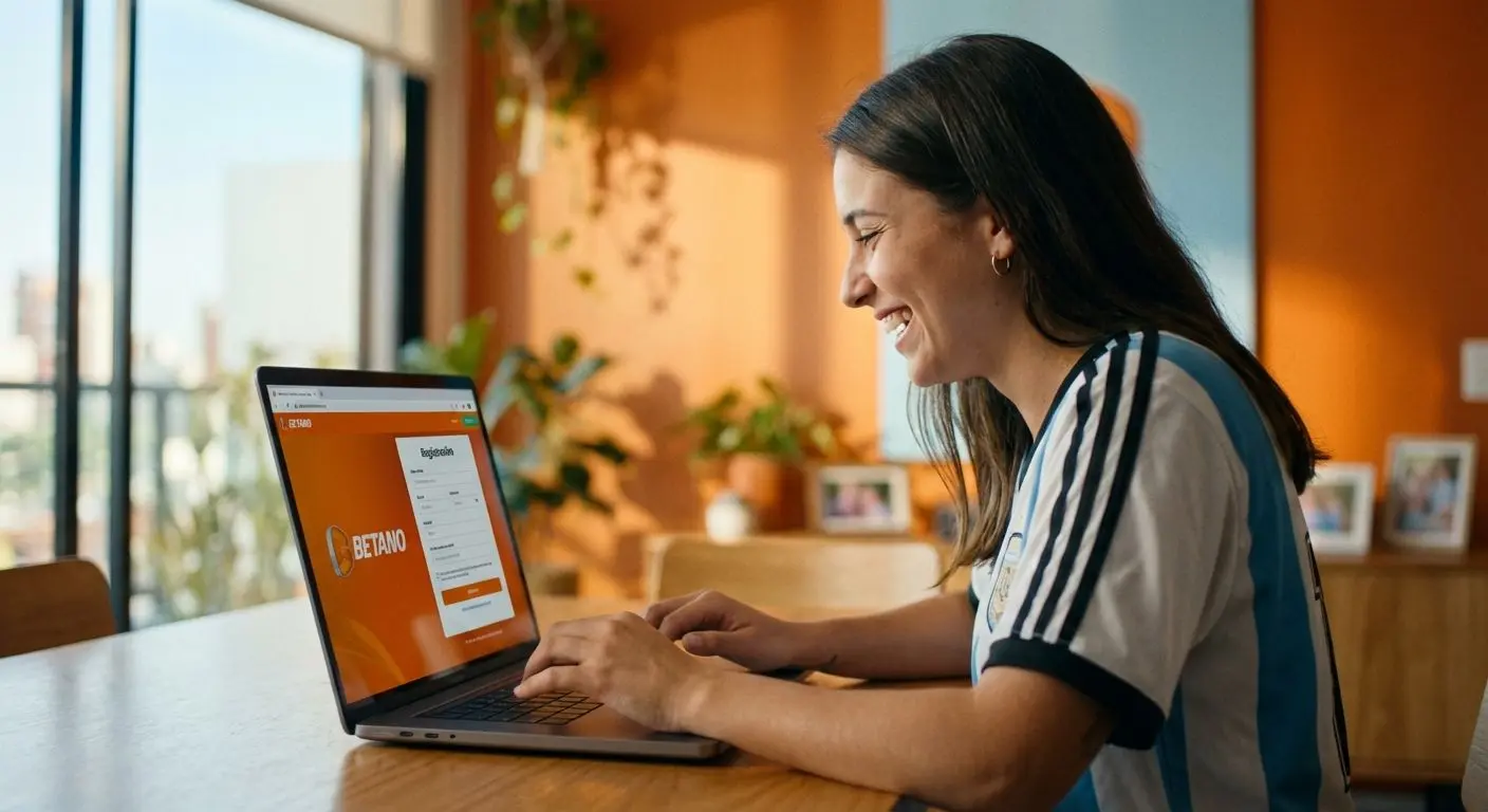 Joven argentino registrándose en Betano desde su notebook con ambiente moderno y colores de la marca.