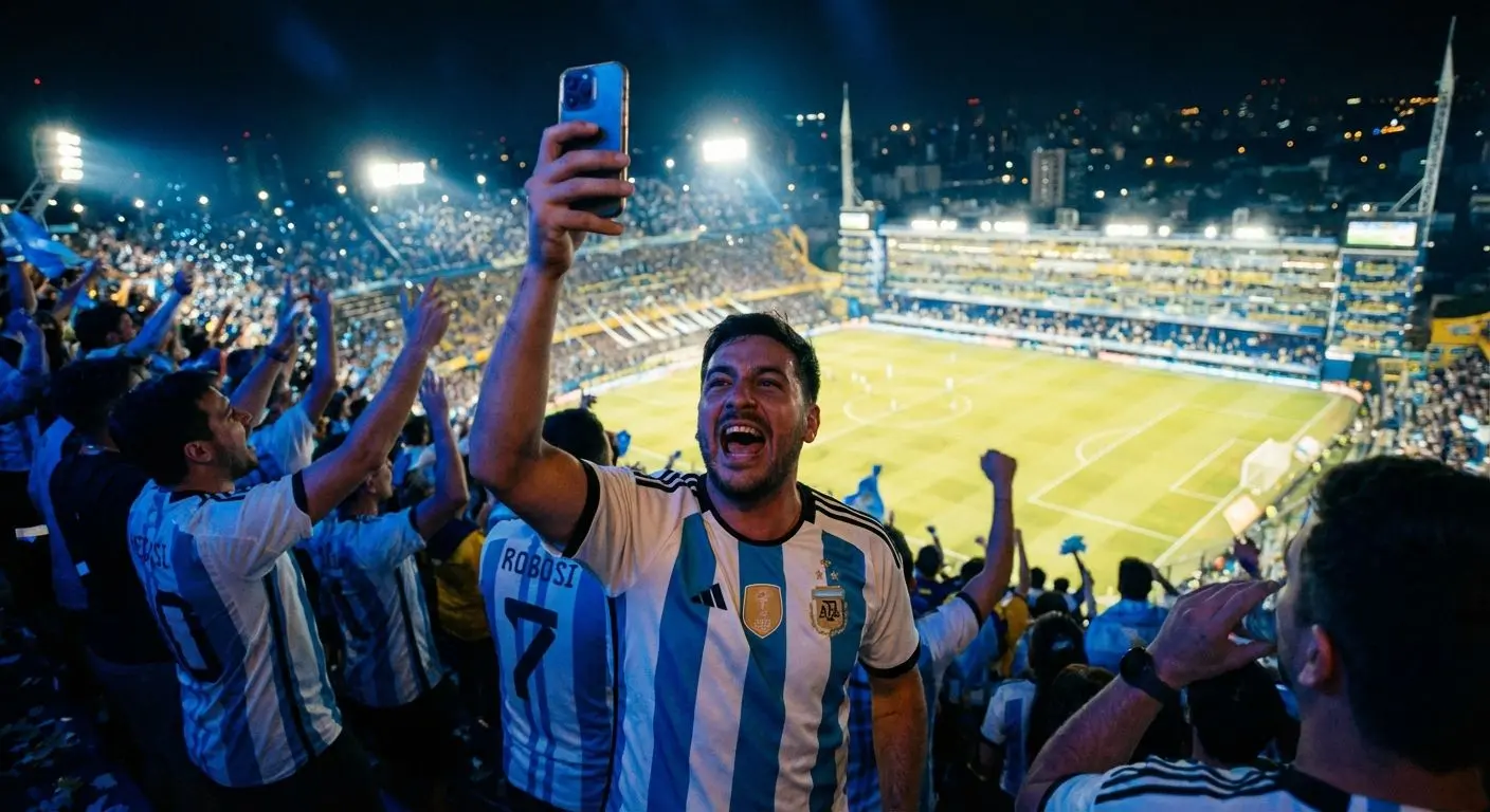 Apostador argentino celebrando su bono Betano con estadio de fondo.