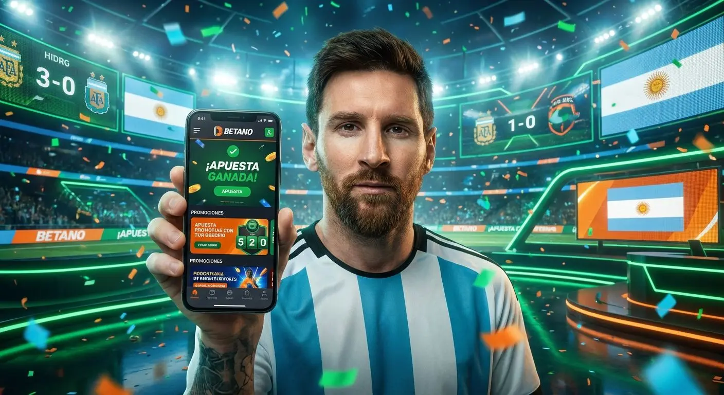Apostador argentino celebrando bonificación en Betano desde su móvil, fondo de estadio deportivo digital.
