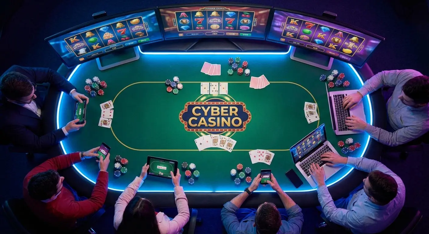 Ambiente de casino online con juegos populares y luces de neón en un entorno moderno