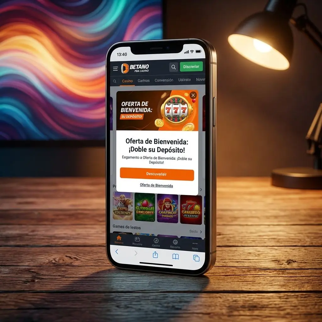 Interfaz móvil de Betano PBA Casino mostrando oferta de bienvenida y juegos populares