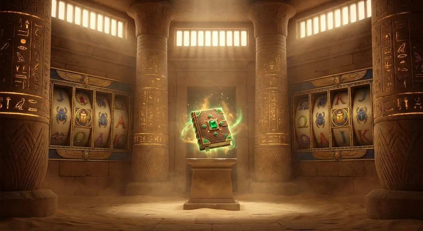 Interior de un templo egipcio antiguo con la slot Book of Dead en Betano iluminada por luz dorada