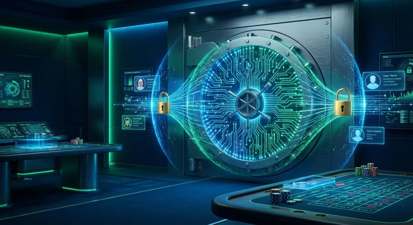 Bóveda digital de seguridad con iconos de protección de datos e interfaz iGaming.