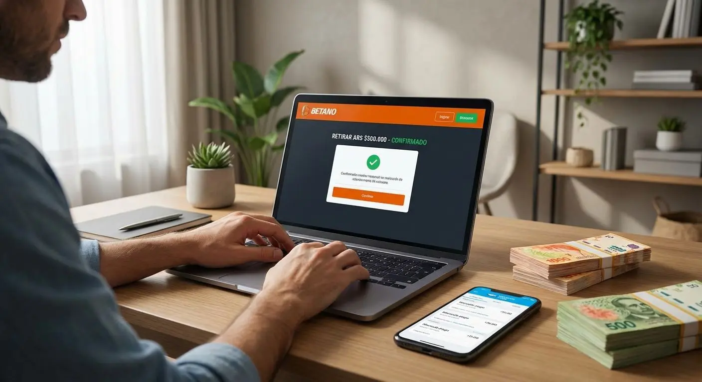 Persona completando retiro en Betano con comprobantes y billetes argentinos.