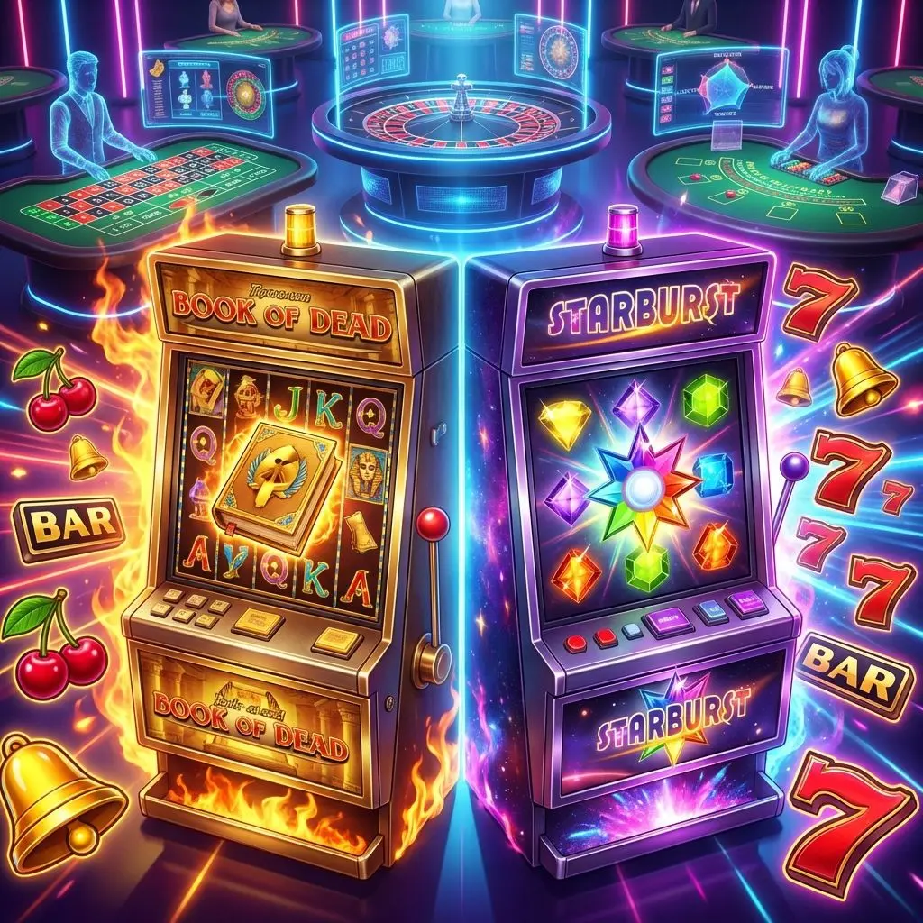 Book of Dead y Starburst, dos slots destacados en Betano, con símbolos y luces brillantes