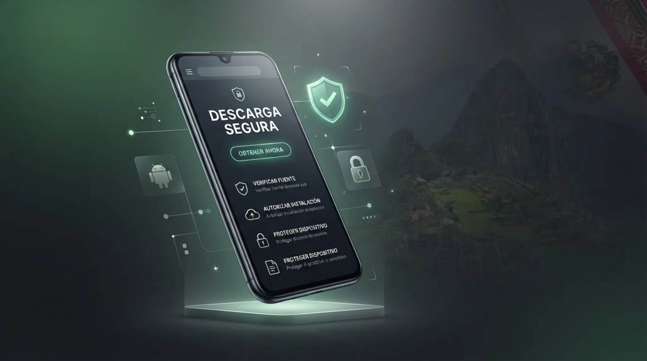 Banner de descarga segura de app Android en smartphone