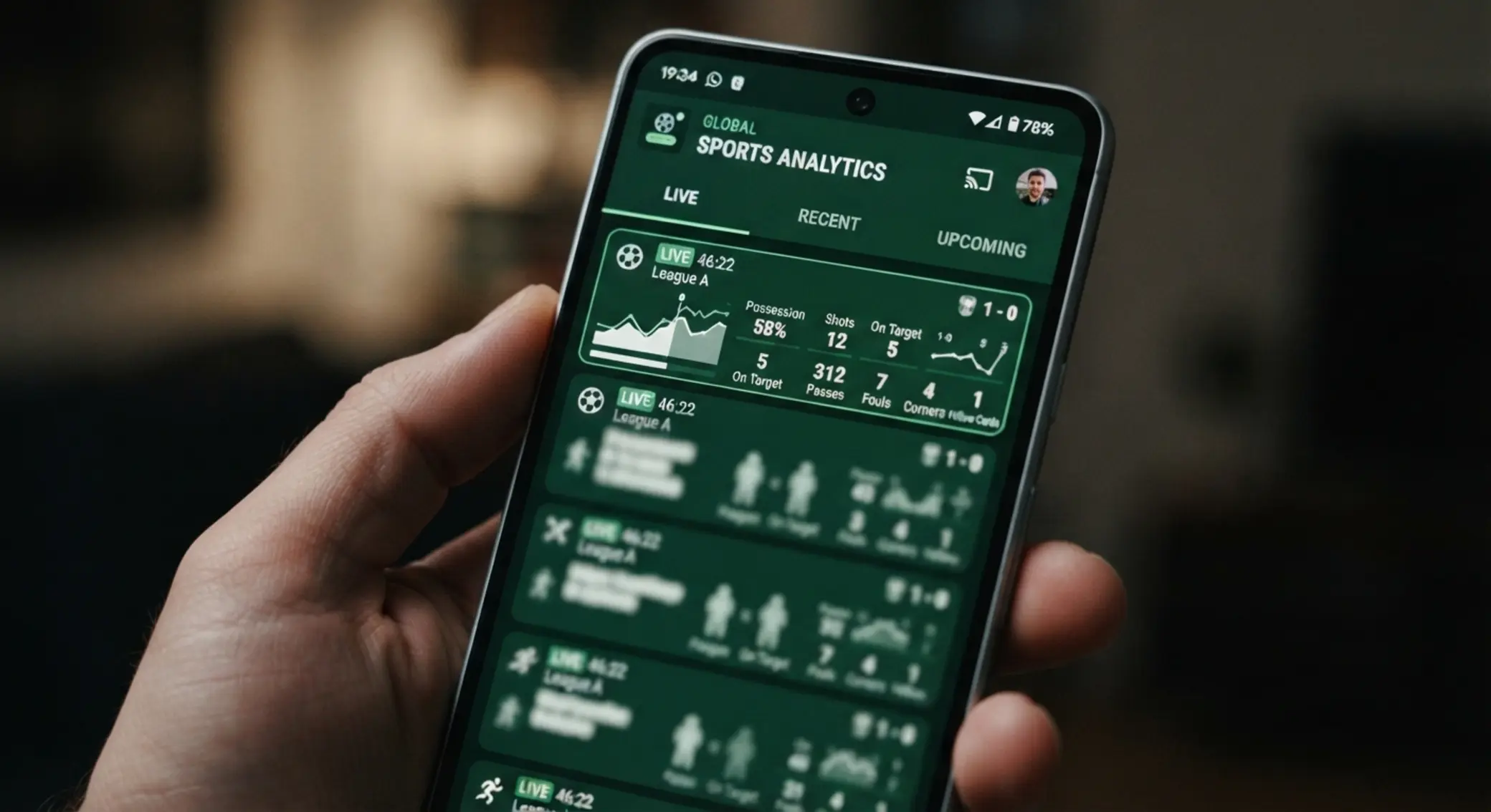 Vista móvil de sección en vivo en una app deportiva