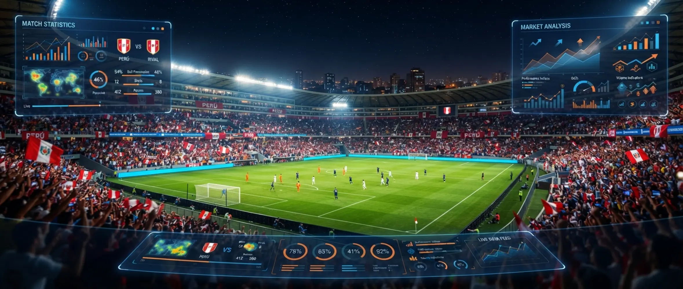Estadio de fútbol con interfaz deportiva digital para Betano Perú