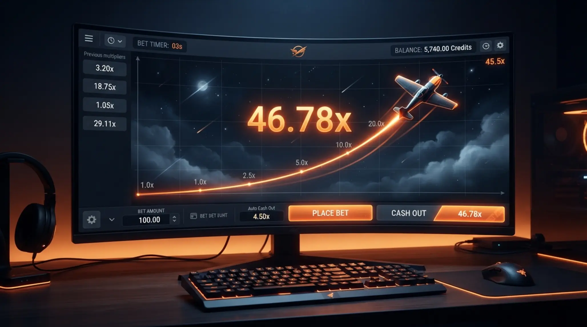Interfaz general de Aviator con avión y multiplicador en ascenso