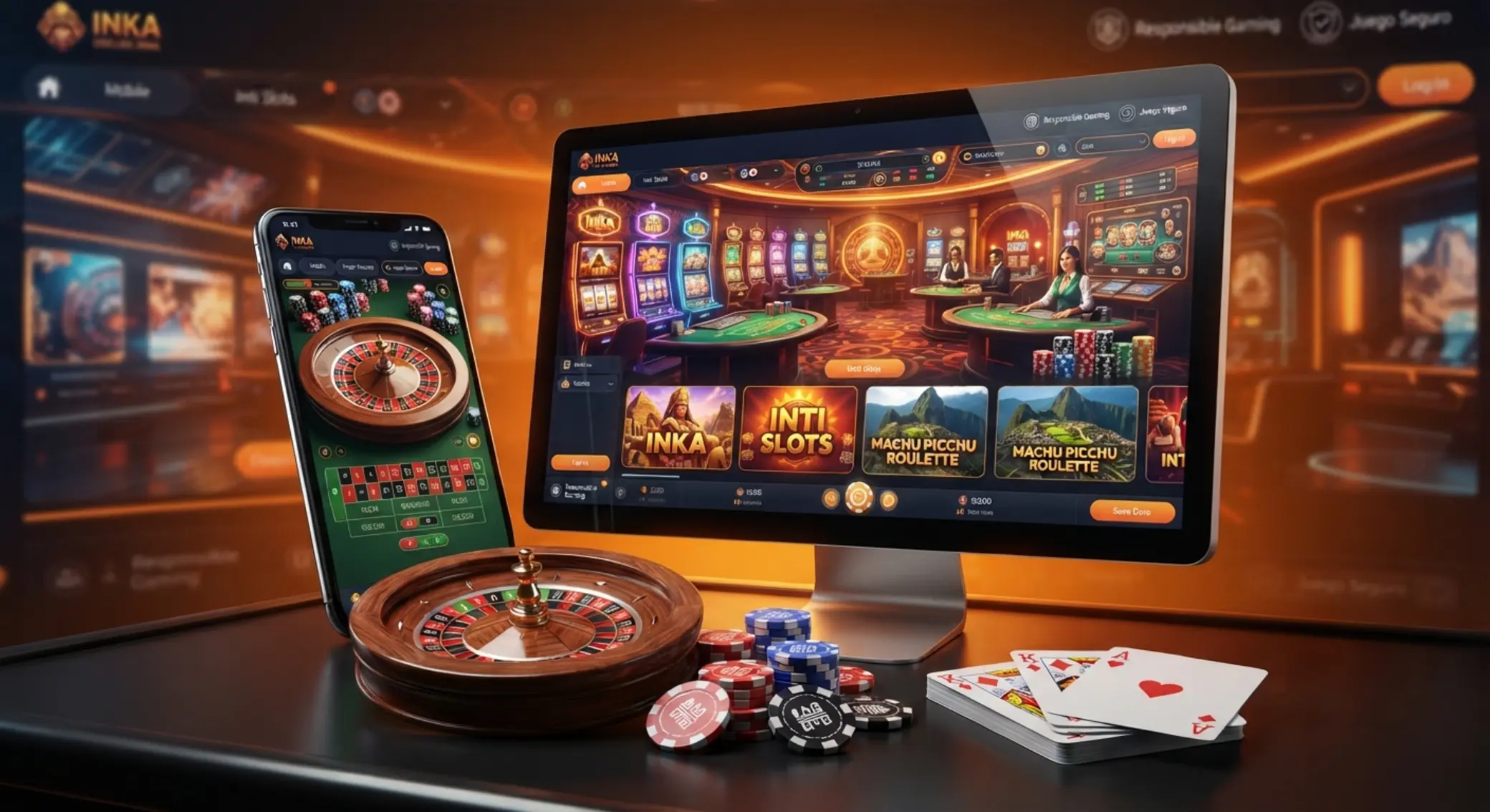 Ambiente moderno de juego online con ruleta, fichas y pantallas digitales