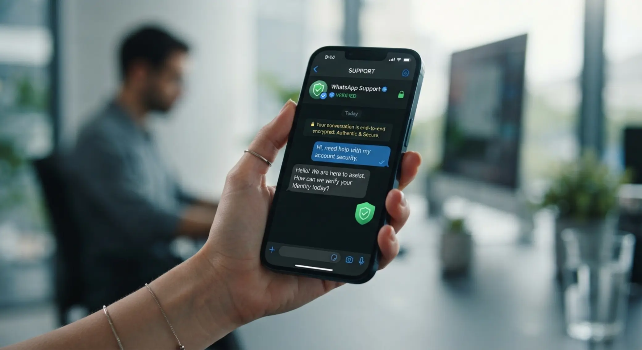 WhatsApp y seguridad en canales de soporte Icono de mensajería y soporte con escudo de seguridad para verificar canal oficial
