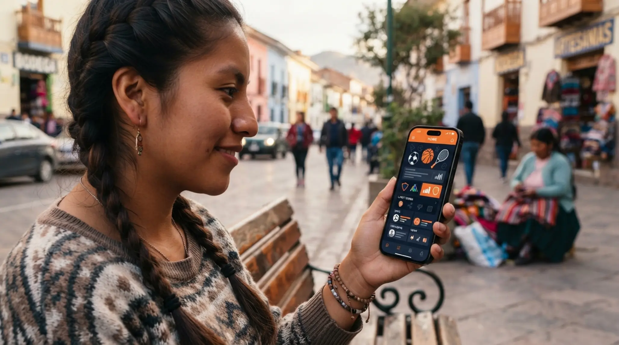 Usuario con celular mostrando una app móvil en Perú