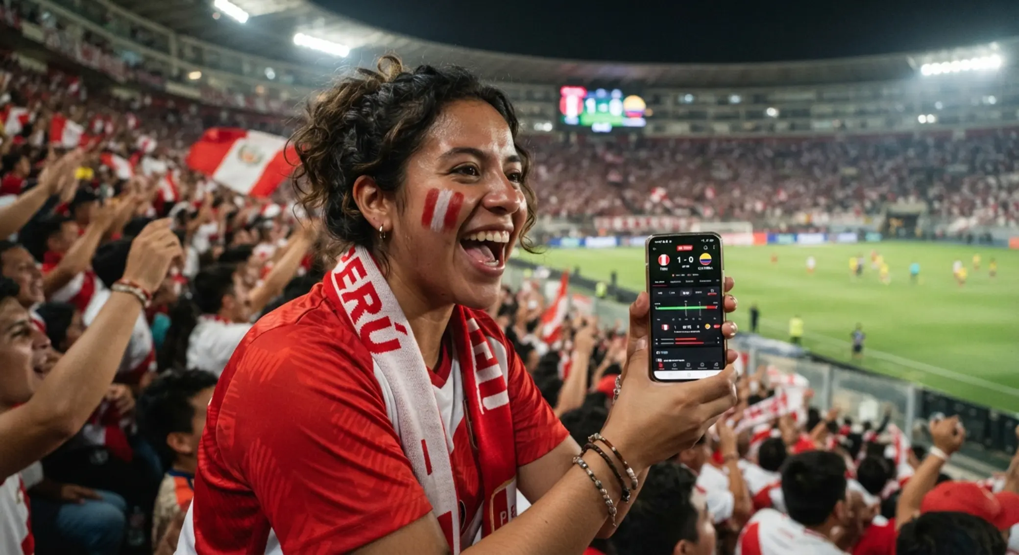 Aficionado peruano con celular revisando fútbol en vivo frente a un estadio iluminado